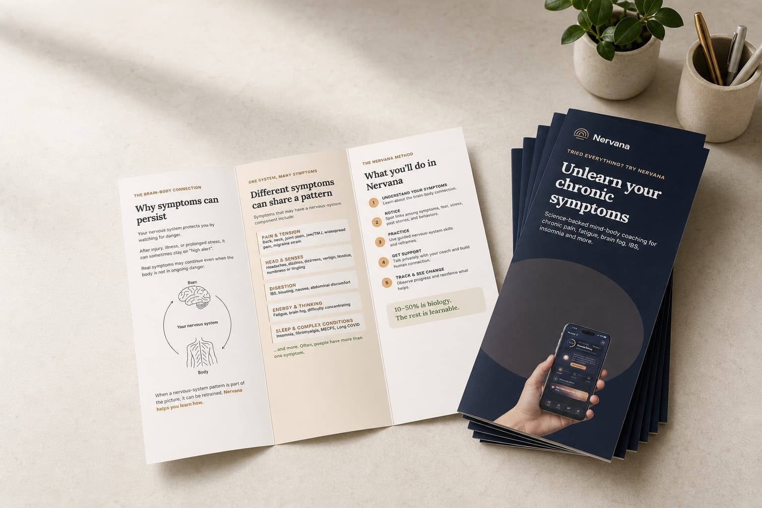 Nervana patient brochures arranged on a warm office desk