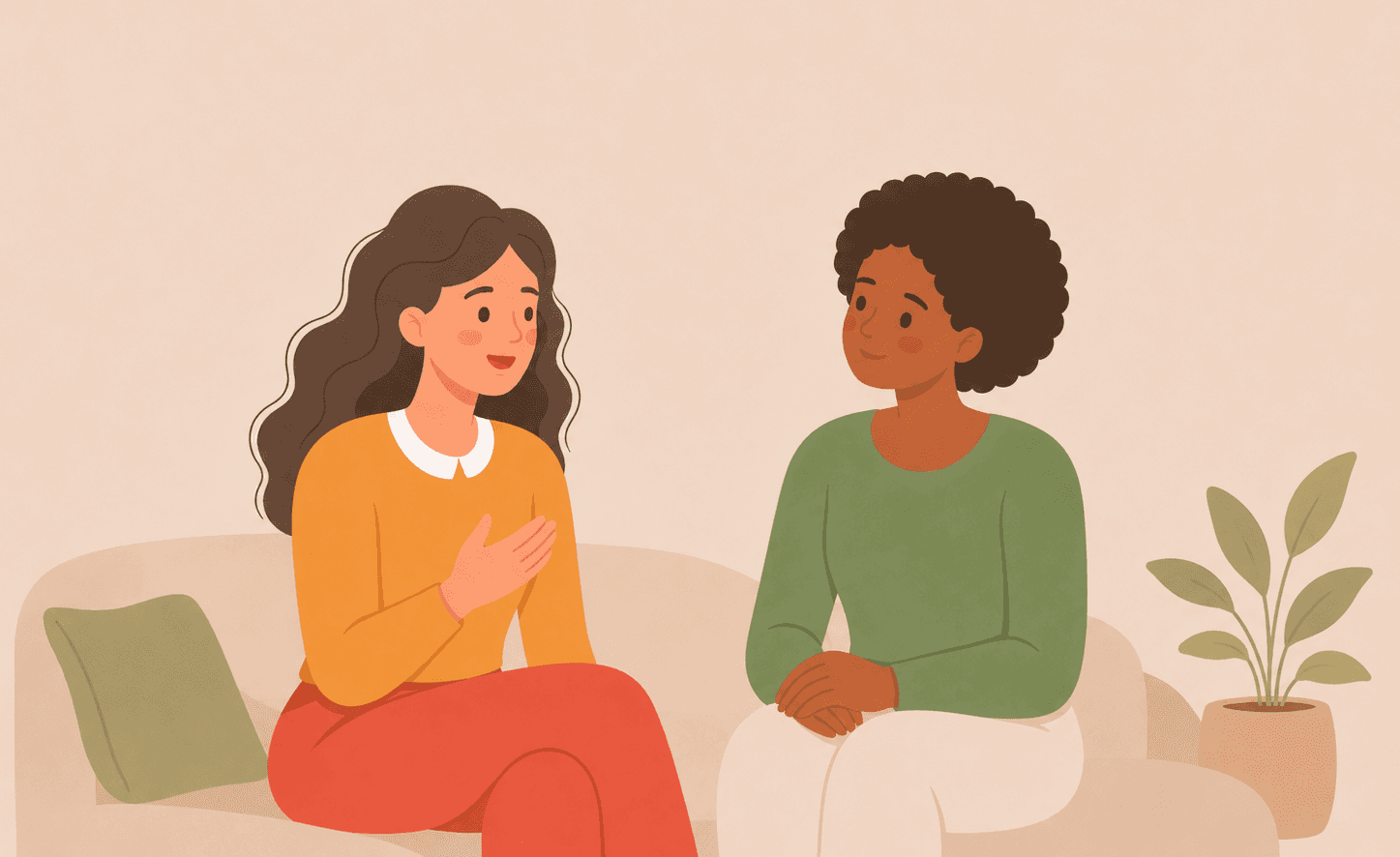 illustrated picture of two people sitting together on a sofa, facing each other and having a calm, supportive conversation.